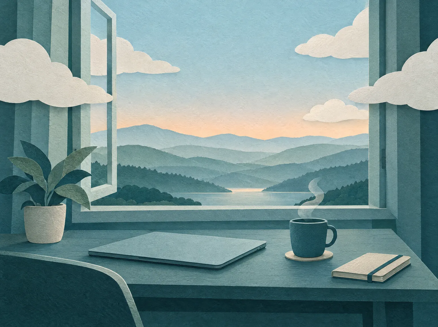 A cut-paper picture of a quiet desk by an open window, with paper clouds drifting into the room