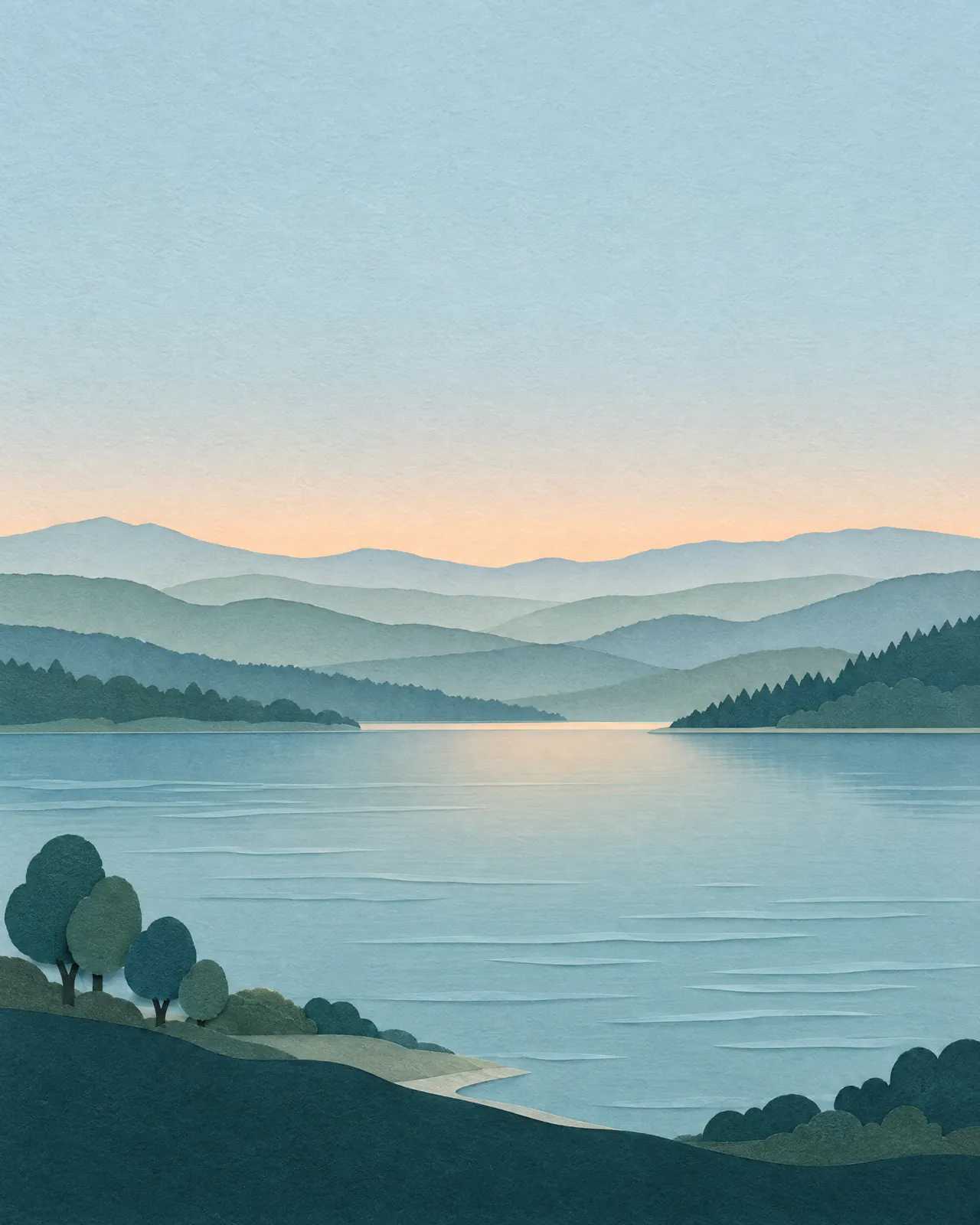 A cut-paper picture of a still lake at dawn, with misty hills under a pale sky