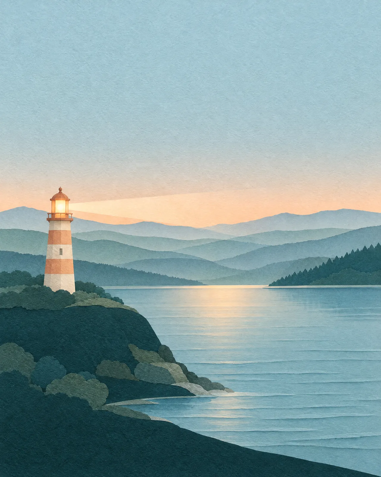 A cut-paper picture of a small lighthouse glowing warmly above a calm sea