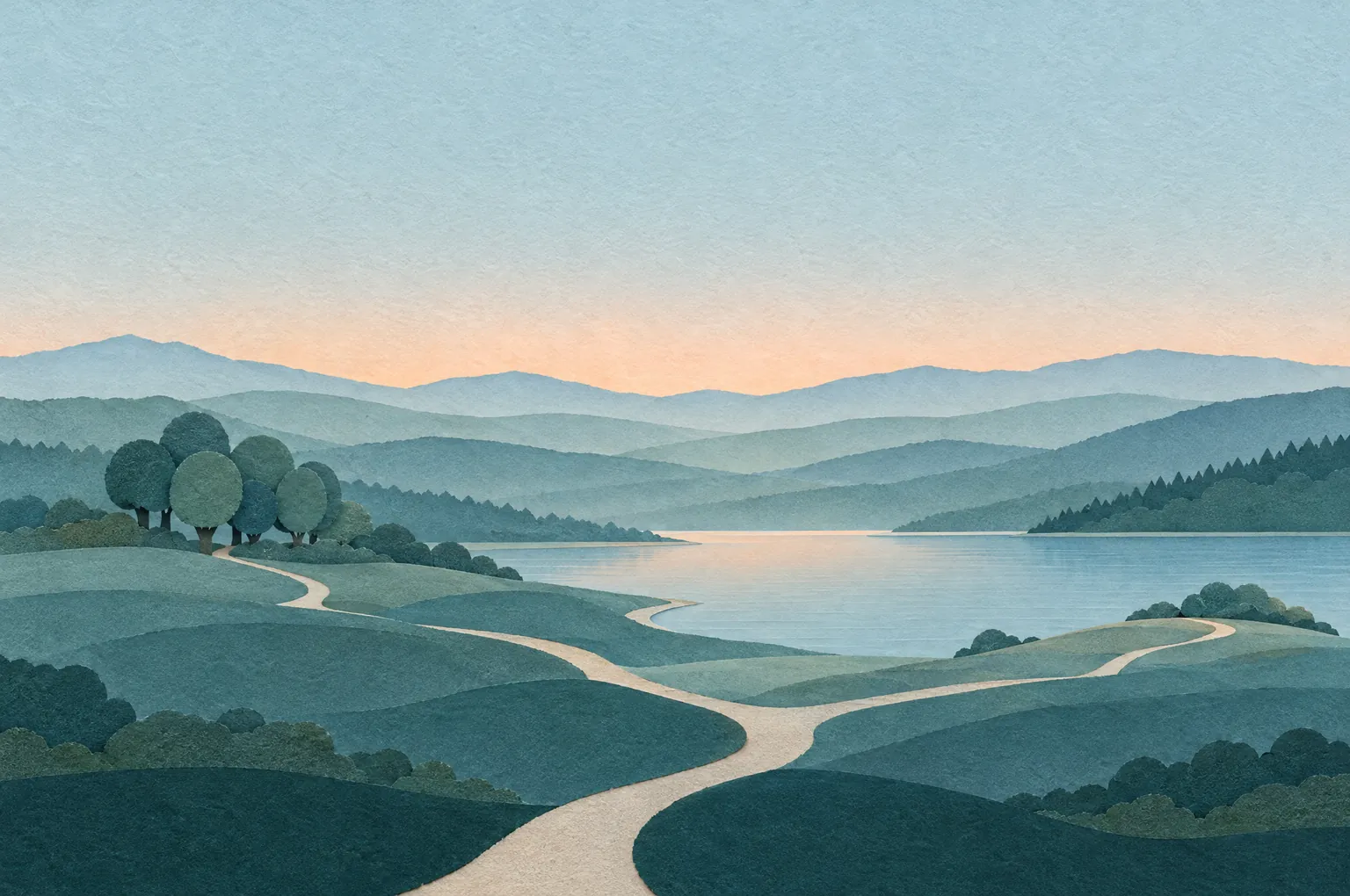 A cut-paper picture of a sandy path that splits into smaller paths, each leading somewhere calm