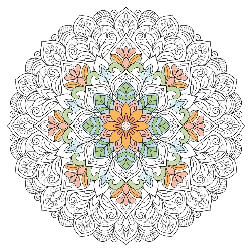 A floral mandala colouring page with its centre filled in soft orange, green and blue